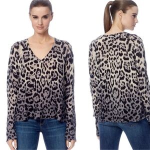 360 CASHMERE "Lauren" Dip-Dye Ombré V-Neck Cashmere Animal Print Sweater Size M